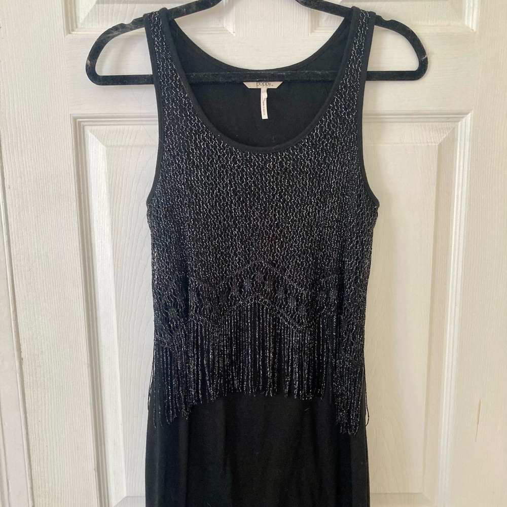 Black mini dress with fringe